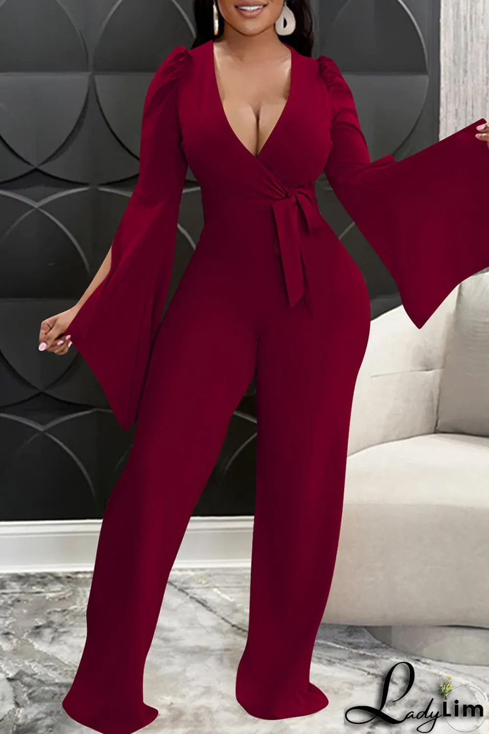Blue Fashion Casual Solid Bandage Slit V Neck Regular Jumpsuits