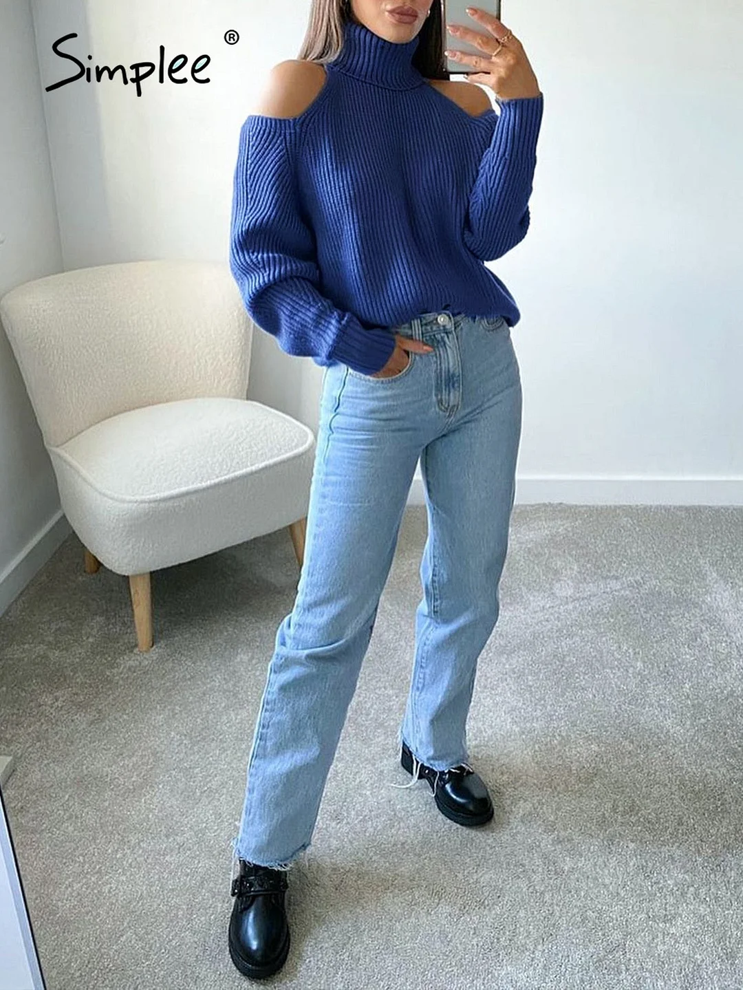 Simplee Casual turtleneck women's sweaters winter Elegant cut out long sleeve female pullover short Cold shoulder autumn jumper