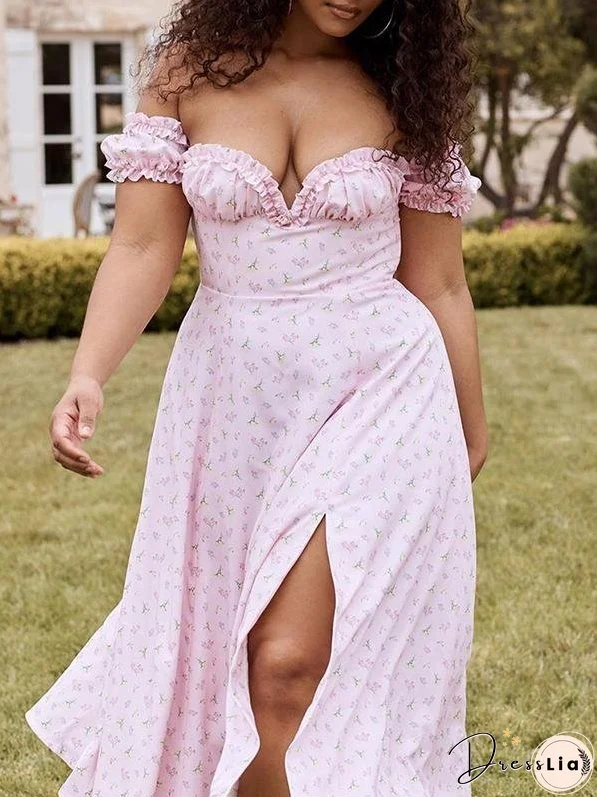 Card Shoulder Printed High Split Midi Dress