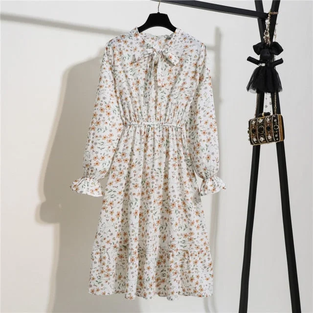 Long Sleeve Vintage Chiffon Bow Tie Neck dress