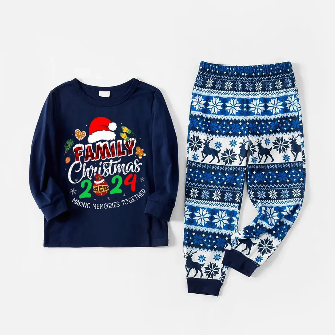 Family Christmas 2024 Making Memories Together Text Print Blue Family Matching Pajamas