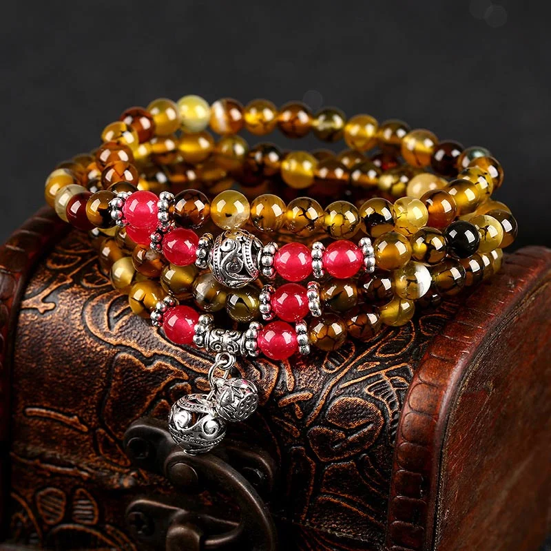 Yellow Agate Red Agate Happiness Blessing Bracelet Mala