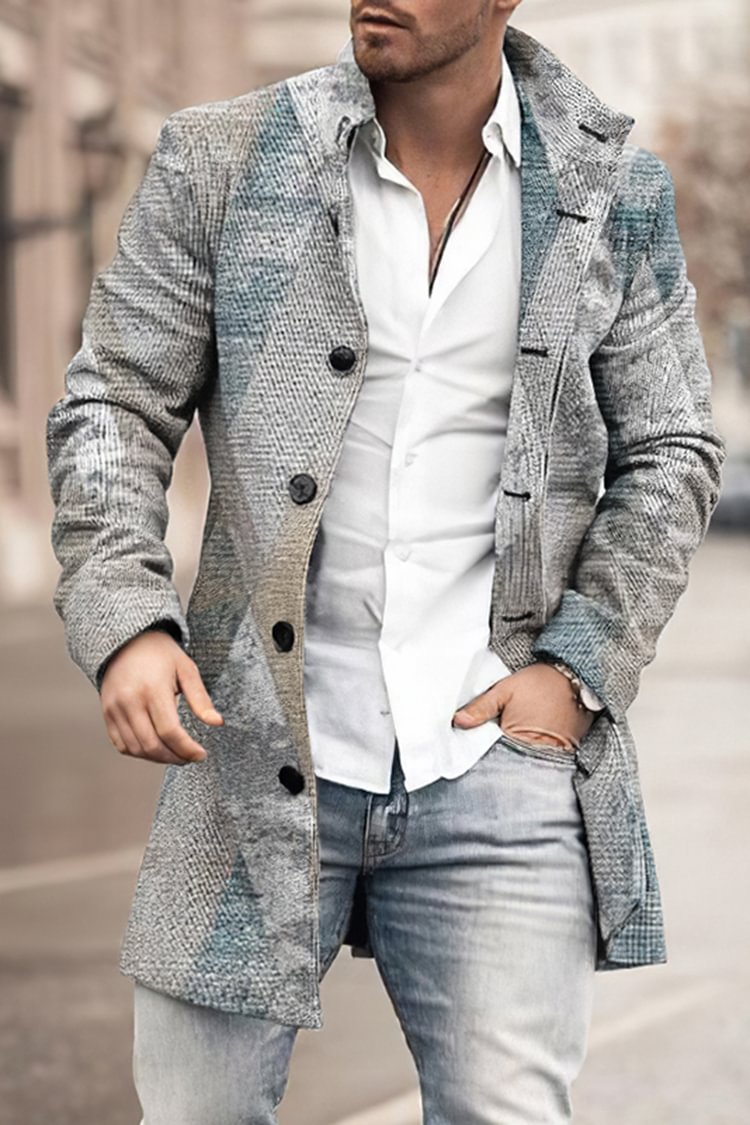 Tiboyz Lapel Geometric Contrast Printed Wool Coat