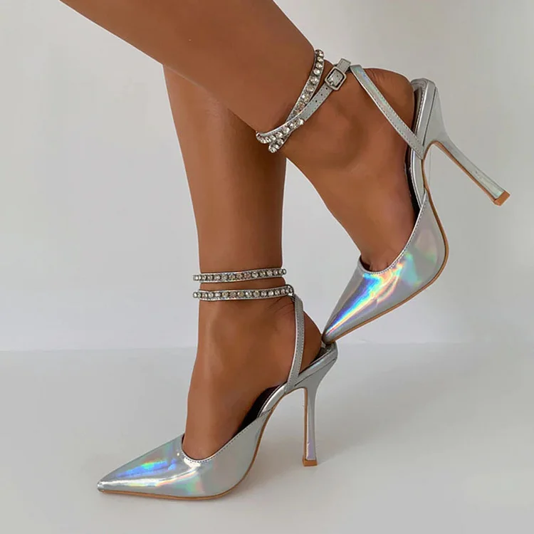 Silver Gradient Pumps Pointed Stiletto Heels Rhinestones Party Shoes |FSJ Shoes