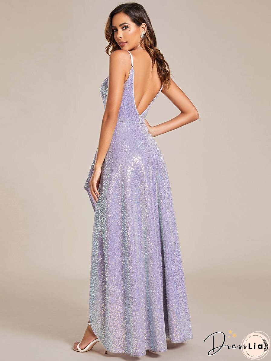 Glamorous Shimmering Split Spaghetti Straps Evening Gowns
