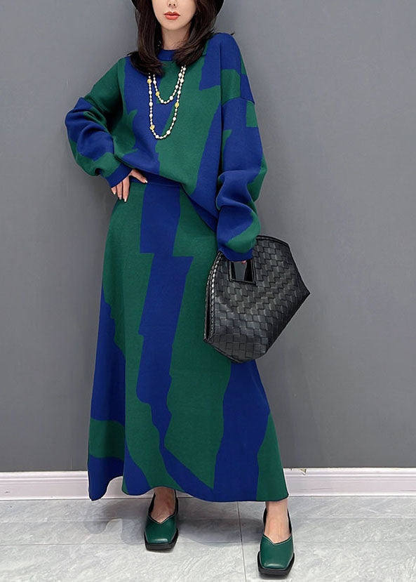 VCSHOES Colorblock O-Neck Oversized Print Cotton Two Pieces Set Fall