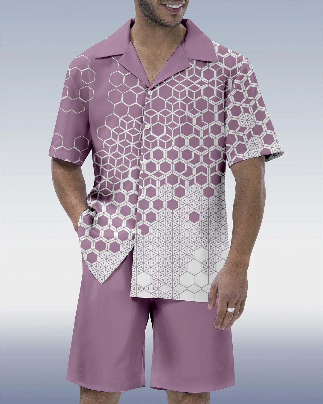 Men's Colorblock Geometric Hawaiian Cuban Collar Short Sleeve Shirt Set 07