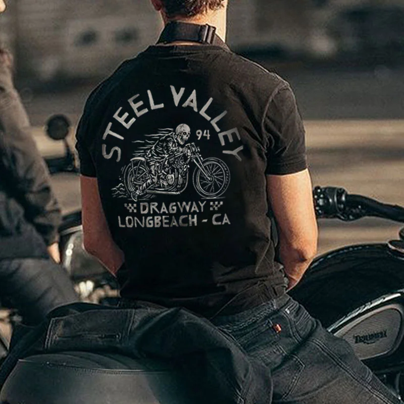 STEEL VALLEY Skeleton Motorcycle Black Print T-shirt