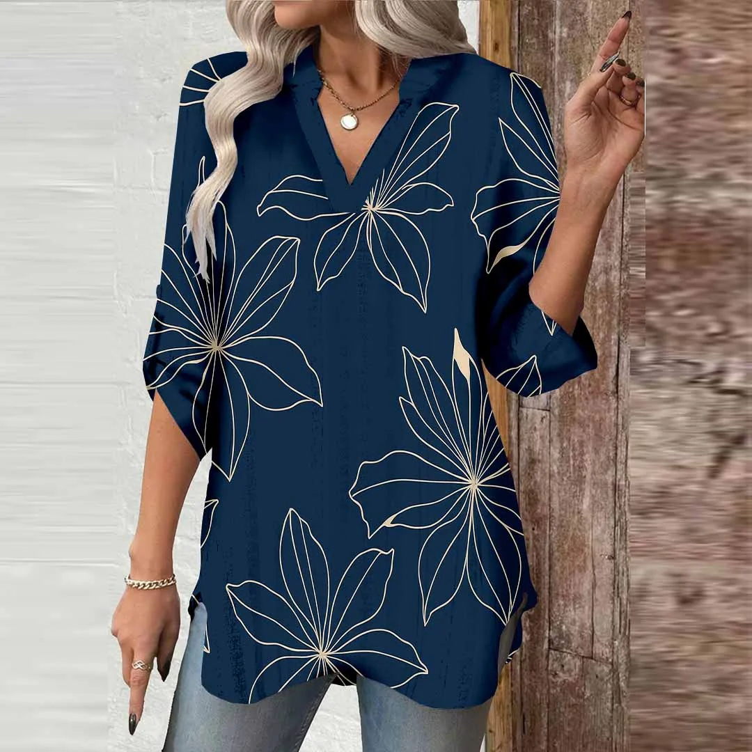 Women Flowers, Blue DZGA0369 3/4 Sleeve V-neck Printed Graphic Button Tops