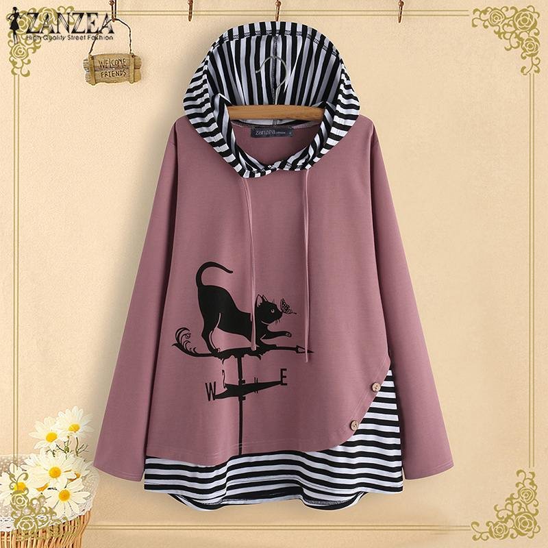 ZANZEA Hooded Women Blouse Cartoon Cat Hoodies Autumn Long Sleeve Tops Casual  Striped Shirts Loose Pullover Blusas