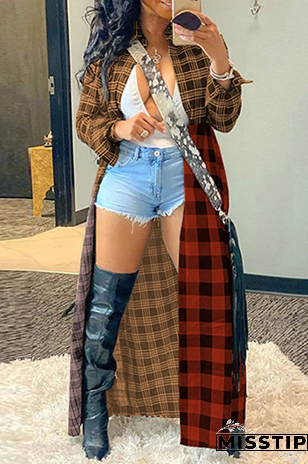 Black Gray Casual Plaid Print Cardigan Turndown Collar Outerwear