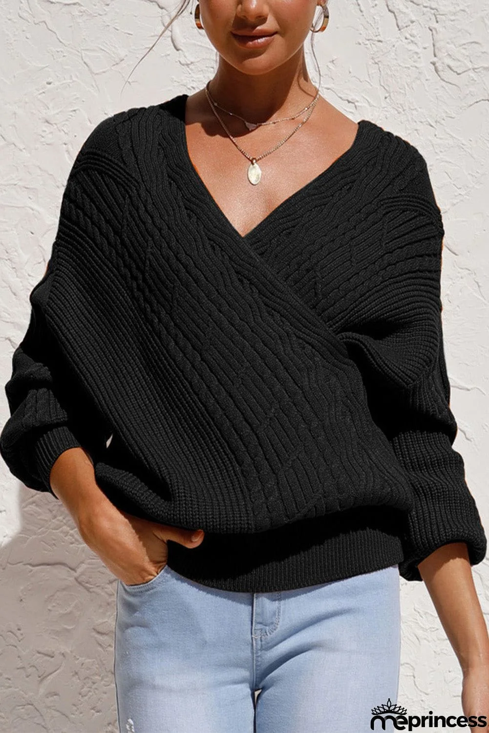Beige Wrap V Neck Lantern Sleeve Textured Sweater