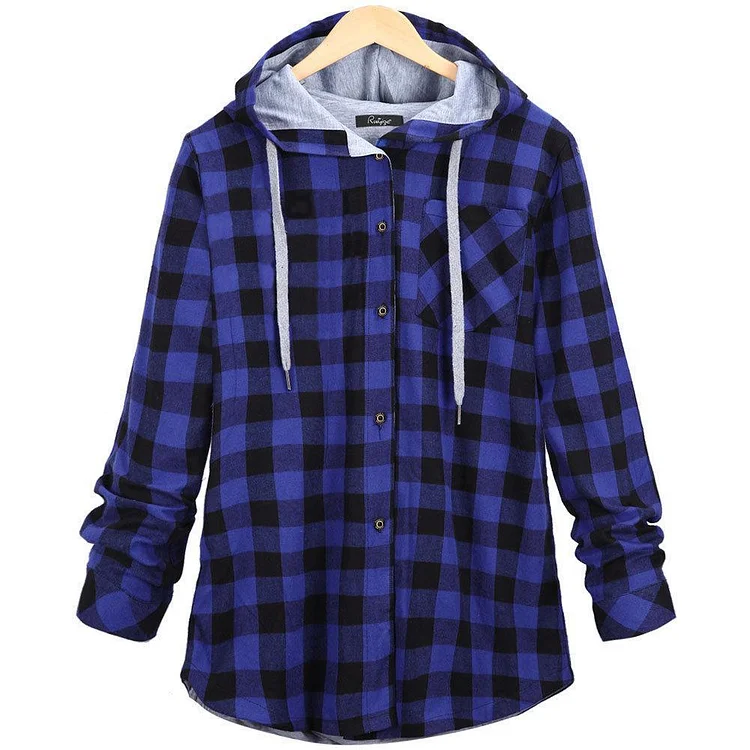 Plus Size Long Sleeve Hooded Plaid Shirt Coat For Women