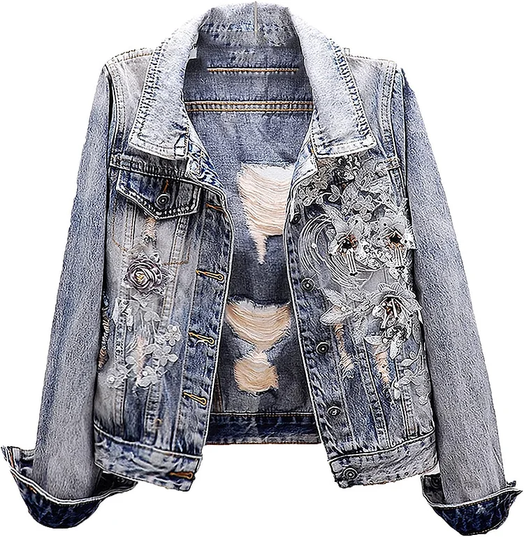 Heavy Industry Beaded Flowers Hole Spring Autumn Denim Jacket Woman Loose Long-Sleeved Jeans Coat Female