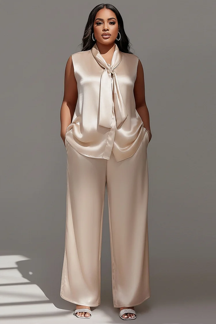Xpluswear Design Plus Size Business Casual Champagne Pocket Satin Two Piece Pant Sets [Pre-Order] 2024 - Xpluswear