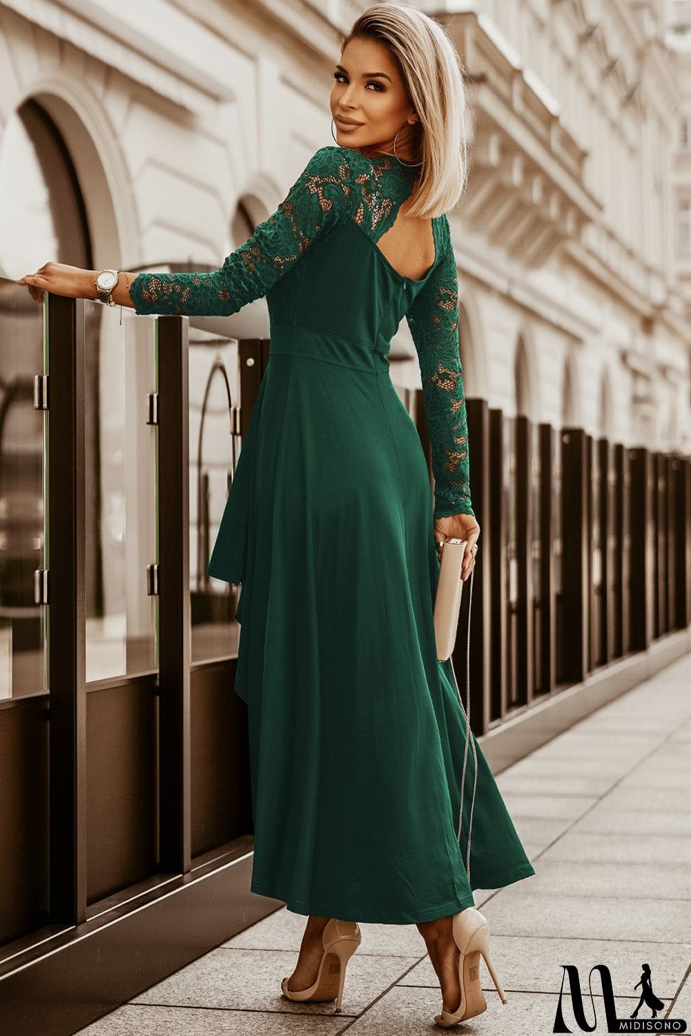 MidiSono - Green Long Sleeve Lace Evening Dress