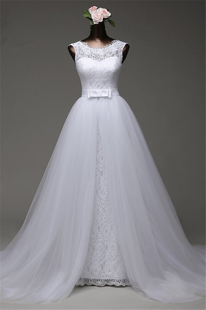 Beautiful Sleeveless Lace Long Jewel Wedding Dress With Tulle Overskirt | Ballbellas Ballbellas