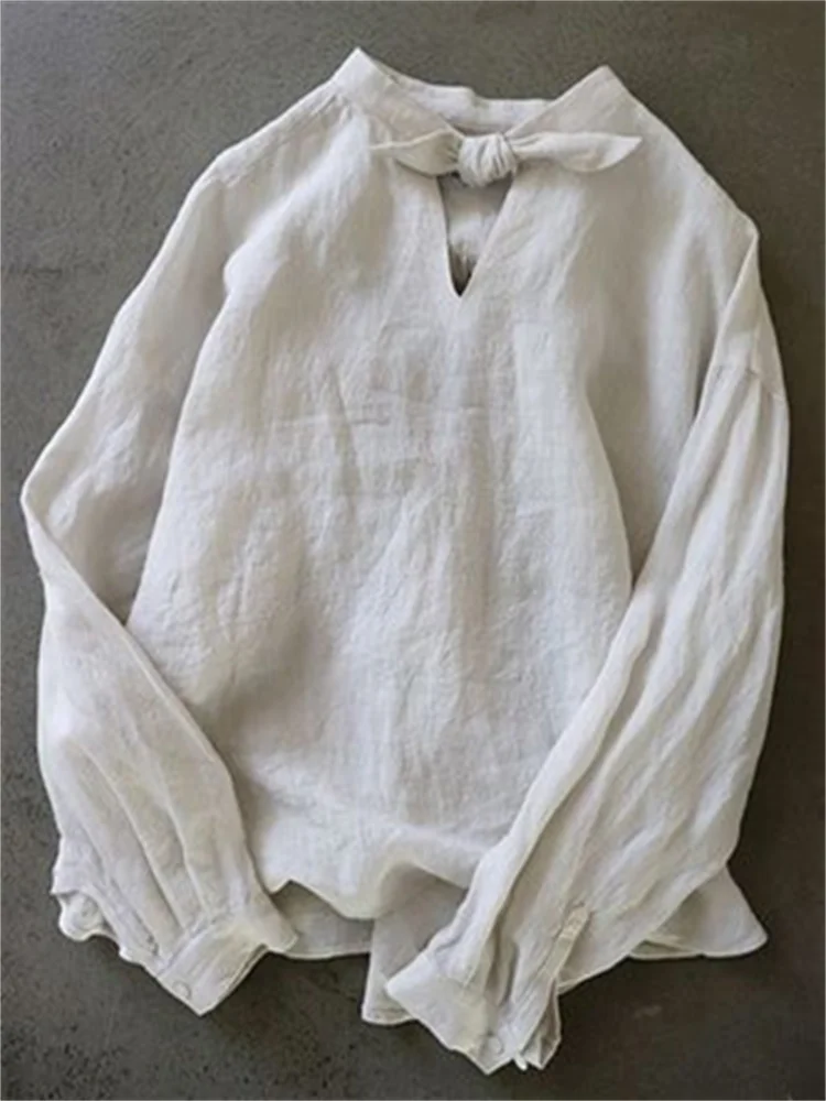 Vintage Tied Collar Puff Sleeve Linen Blend Tunic