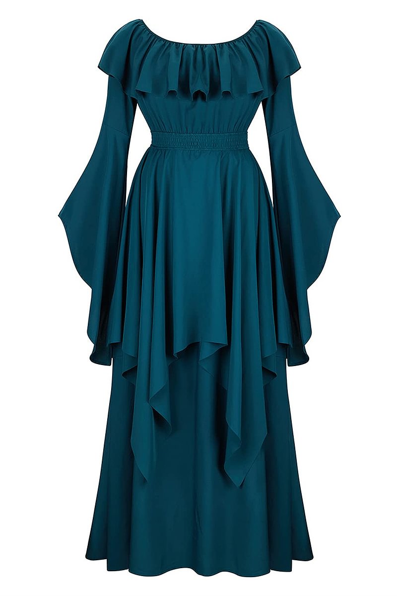 Medieval Blackish Green Party Off The Shoulder Double Layer Irregular Hem Bell Sleeve Maxi Dress [Pre-Order]