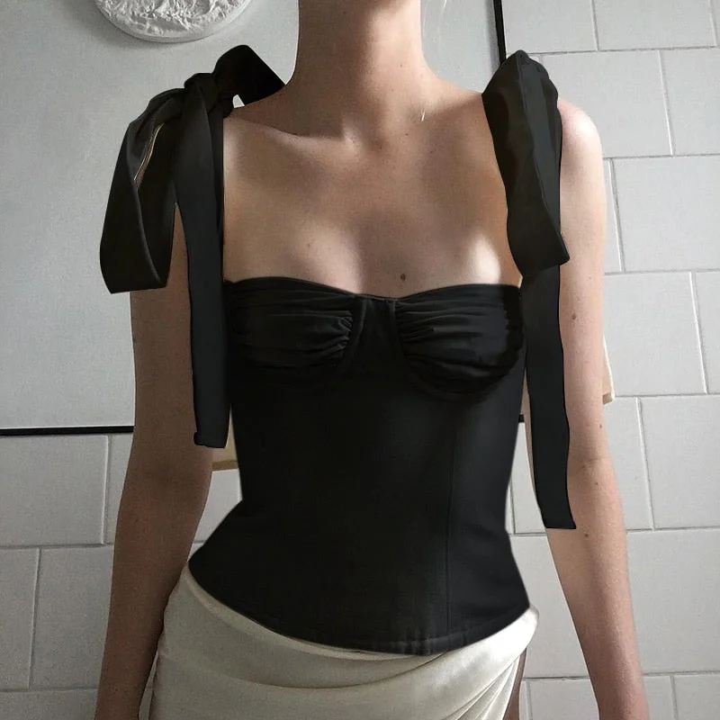 WannaThis Spaghetti Strap Slash Neck Chiffon Camisole Women Sleevesless Casual Camisole Ruffles Backless BOW Bandage Crop Top