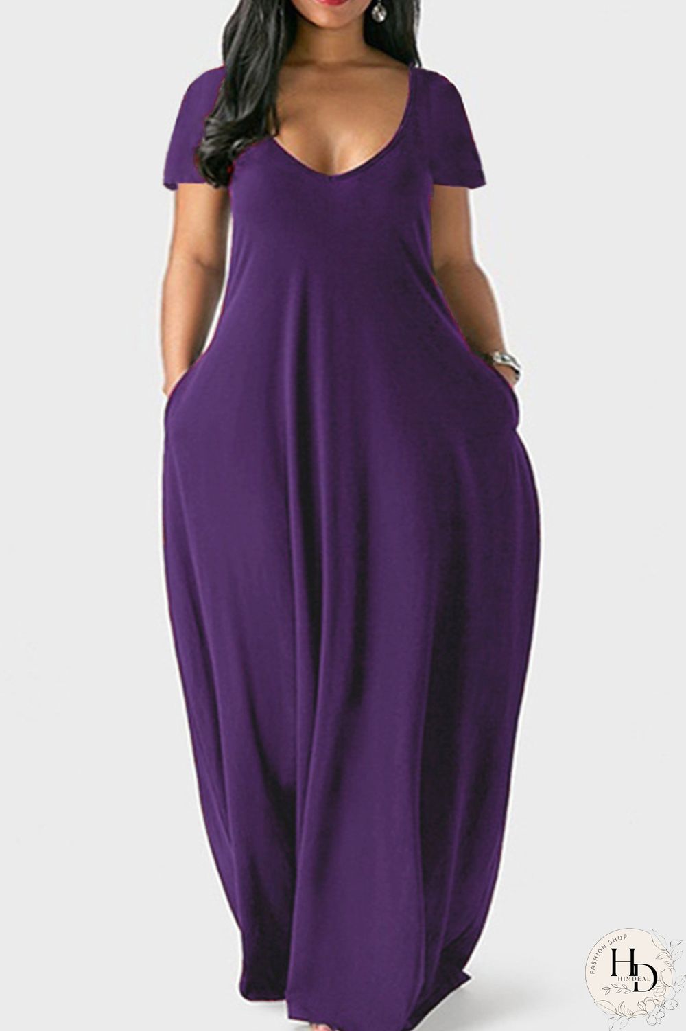 Pink Fashion Casual Plus Size Solid Patchwork V Neck Short Sleeve Dress