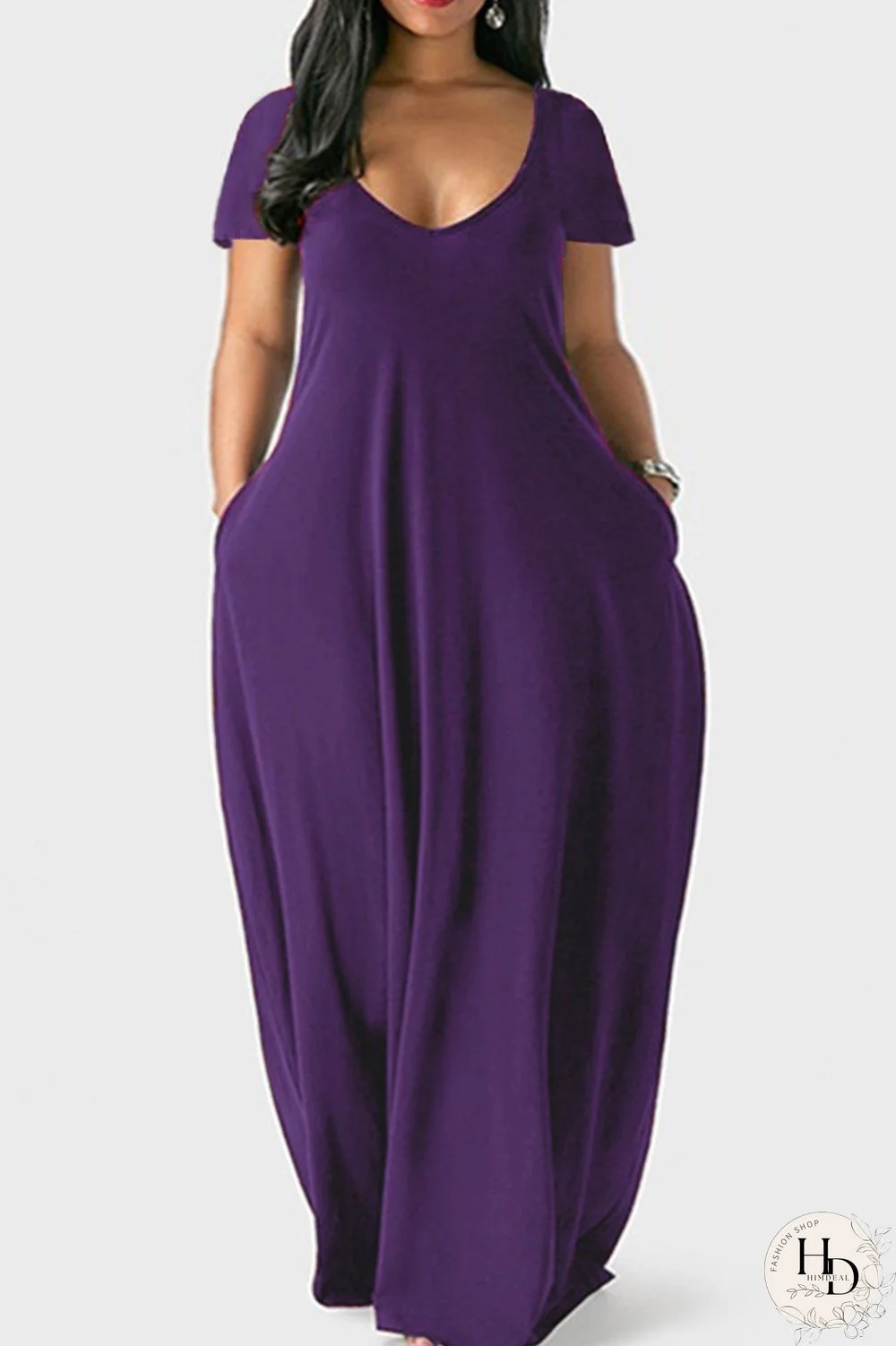 Pink Fashion Casual Plus Size Solid Patchwork V Neck Short Sleeve Dress