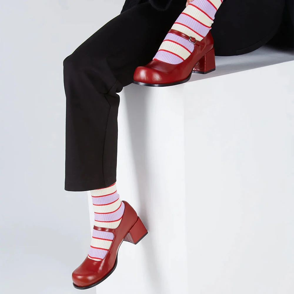 Vegan Leather Round Toe Buckled Women Mary Jane Shoes in Maroon