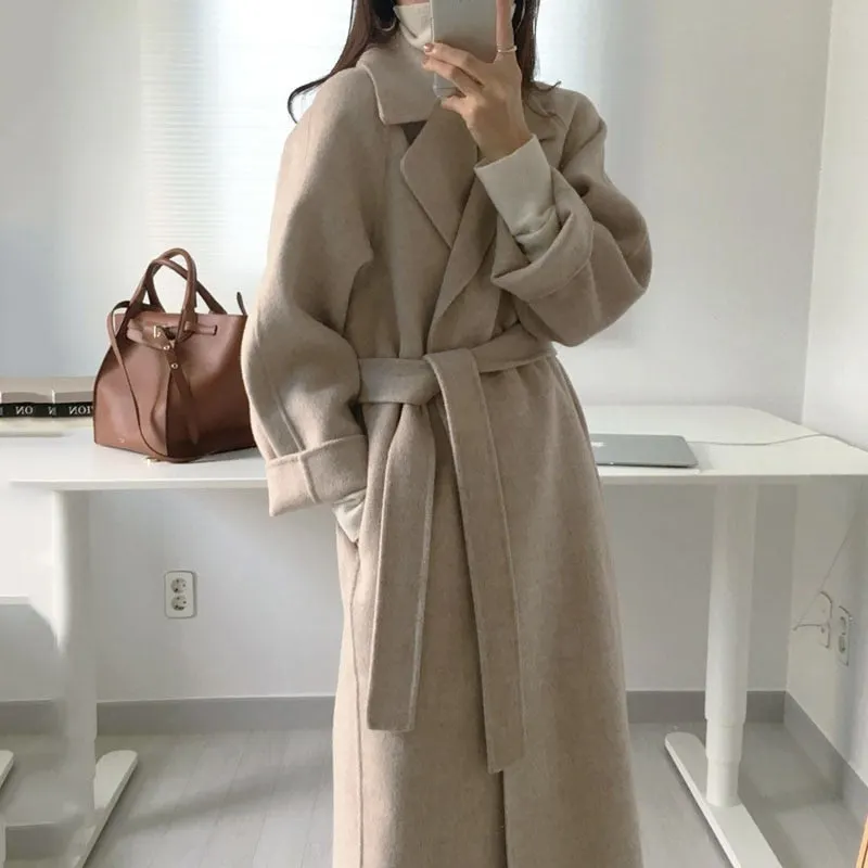 Long Sleeve Casual Vintage Belt 2021 New Fashion Long Autumn Faux Wool Blend Woolen Coat Winter Warm Women Warm Wool Coat