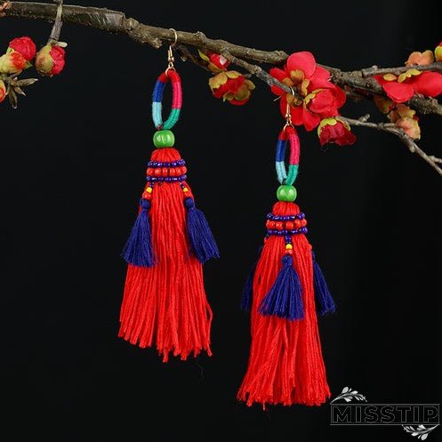 Retro national style contrast color pommel Earrings exaggerated personality Bohemian holiday long tassel temperament Earrings women