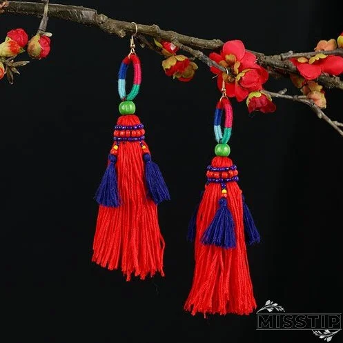 Retro national style contrast color pommel Earrings exaggerated personality Bohemian holiday long tassel temperament Earrings women