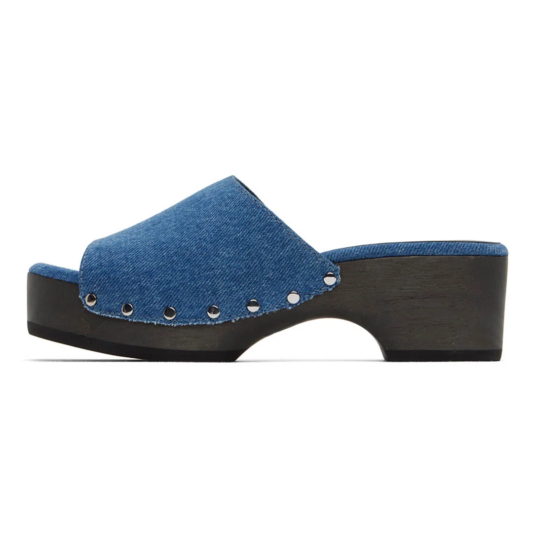 Blue Denim Chunky Heel Open Toe Studded Platform Mules Sandals
