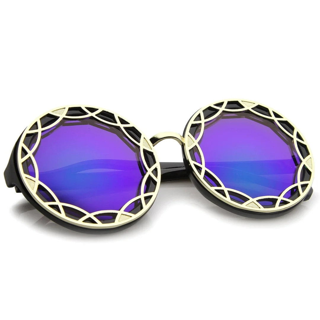 Women's Oversize Ornate Flat Pattern Color Mirror Lens Round glasses 55mm