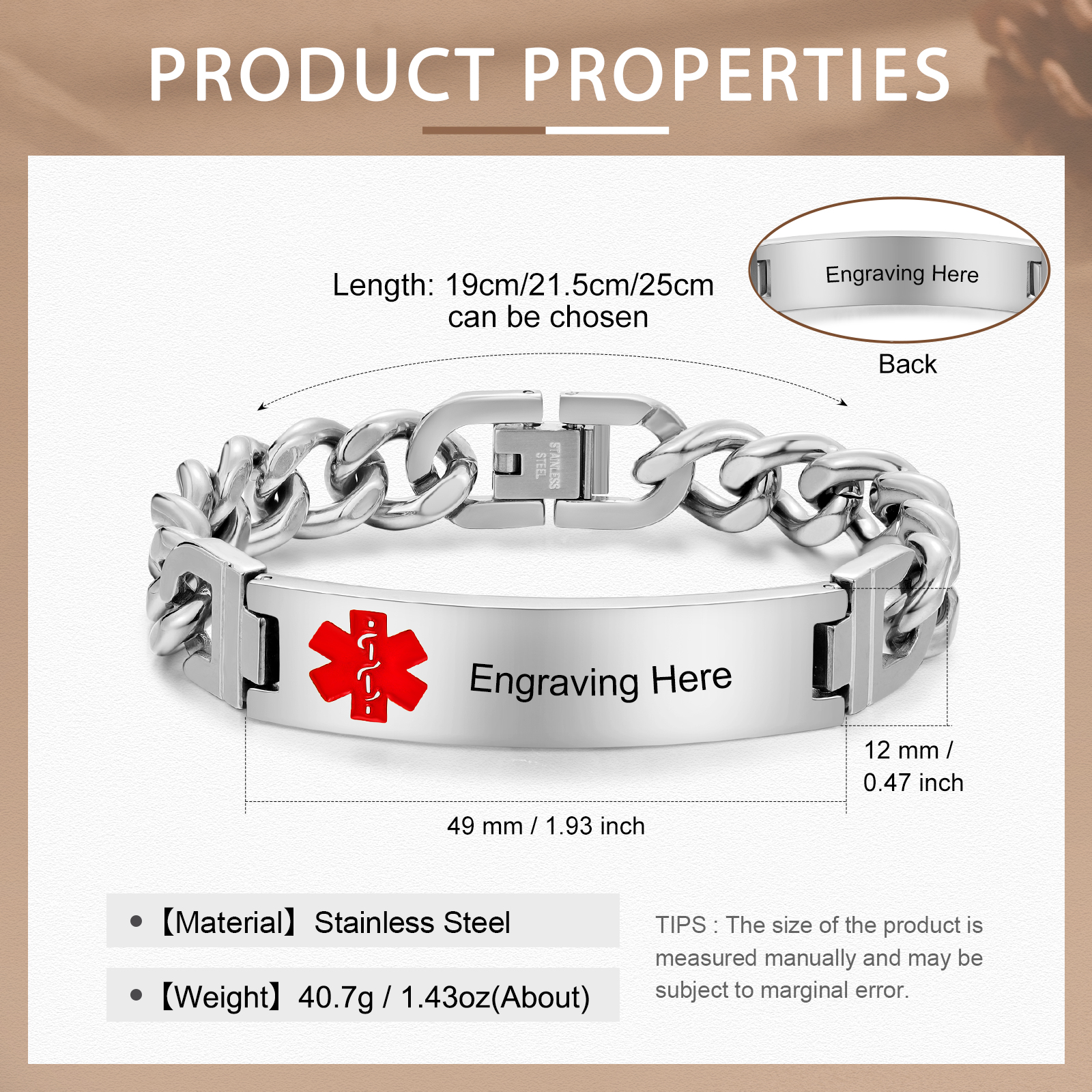Personalized Medical Alert Bracelet ID Wristbands Stainless Steel Emergency Black Bracelet