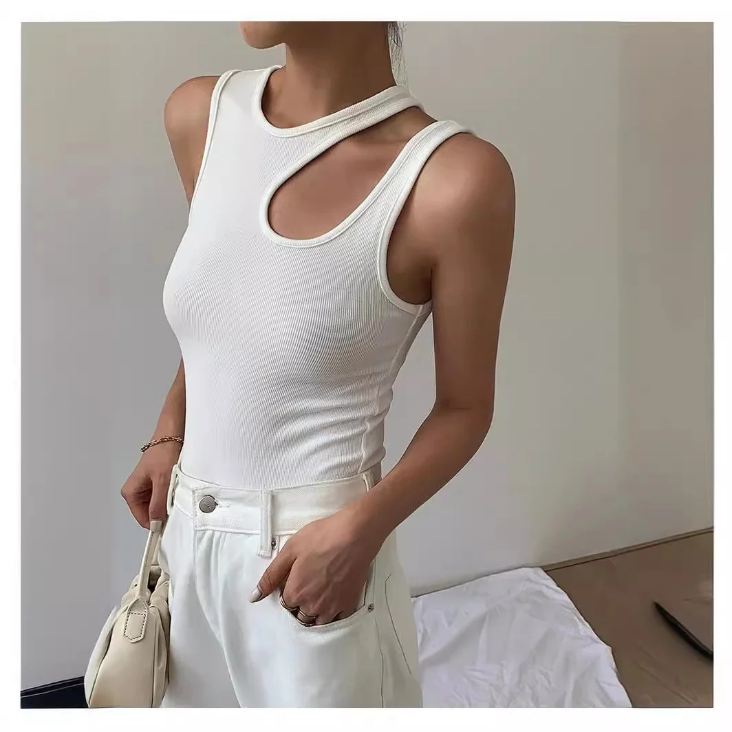 Uveng Uveng Women's Dress Street Hipster Fashion Wind Round Collar Side Irregular Hollow Out Design Women's Solid Color Slim Small Back