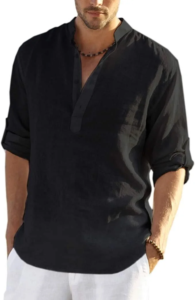 Men's Linen Casual Shirts Loose Long Sleeves Solid Color Stand Collar Cotton Linen Shirts socialshop