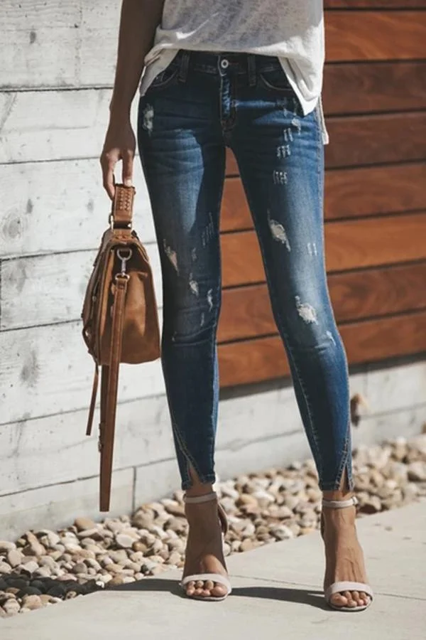 Womens Slim Fit Ripped Washed Jeans-Allyzone-Allyzone