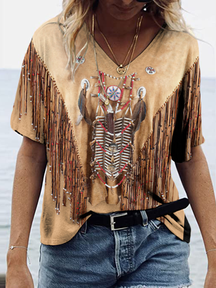 Comstylish Western Vintage Tassels Art V Neck Casual T-Shirt