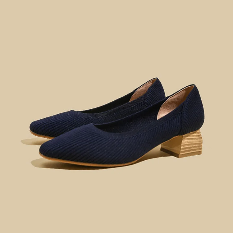 Stunahome V-KNIT Dark Blue Square-Toe Block Heel   Stunahome.com