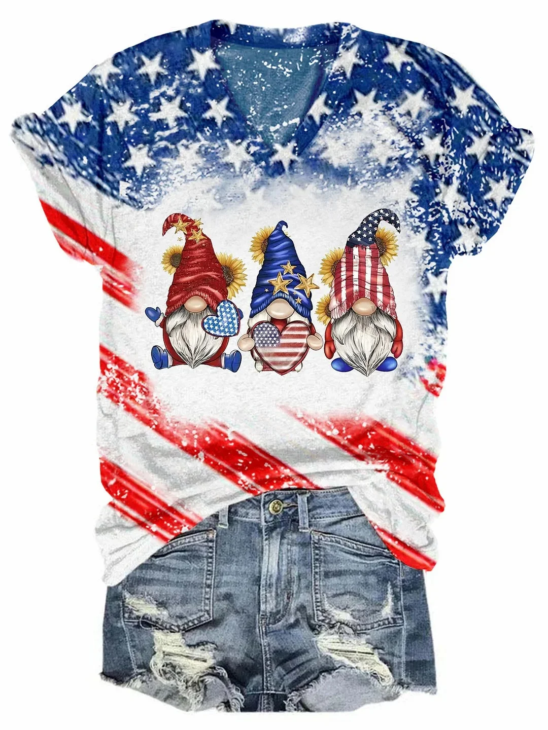 Women's Star Stripe Gnomes USA Flag Print T-Shirt