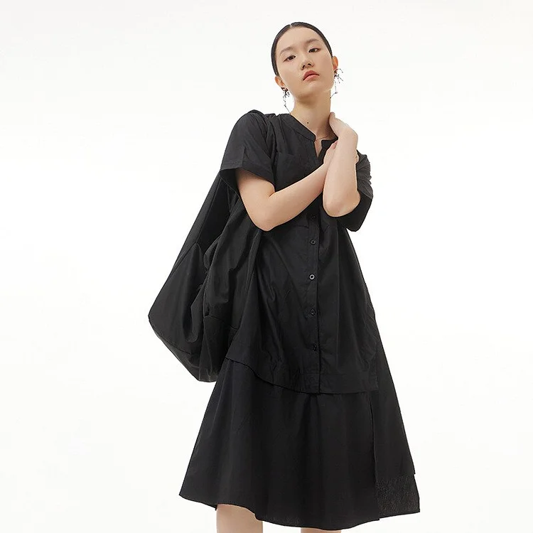 Casual Solid Color Y-neck Pockets Fake Two Pieces Short Sleeve Asymmetrical Hem Dress      