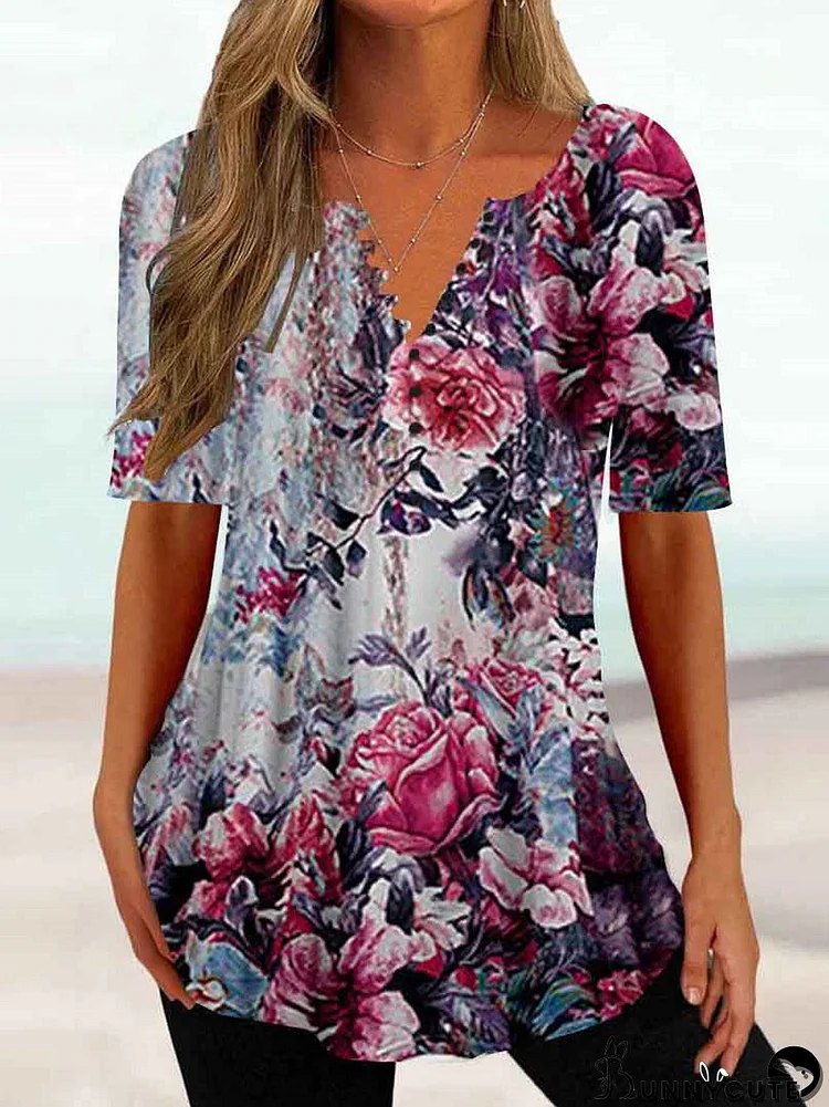 Women's Half Sleeve V-neck Floral Printed Tops