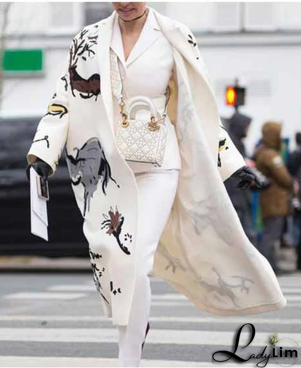 Fall Women's Long Sleeve Turndown Collar Jacket Printed Coat