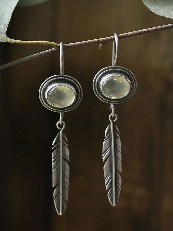 Retro Boho Style Moonstone Opal Feather Dangle Hook Earrings