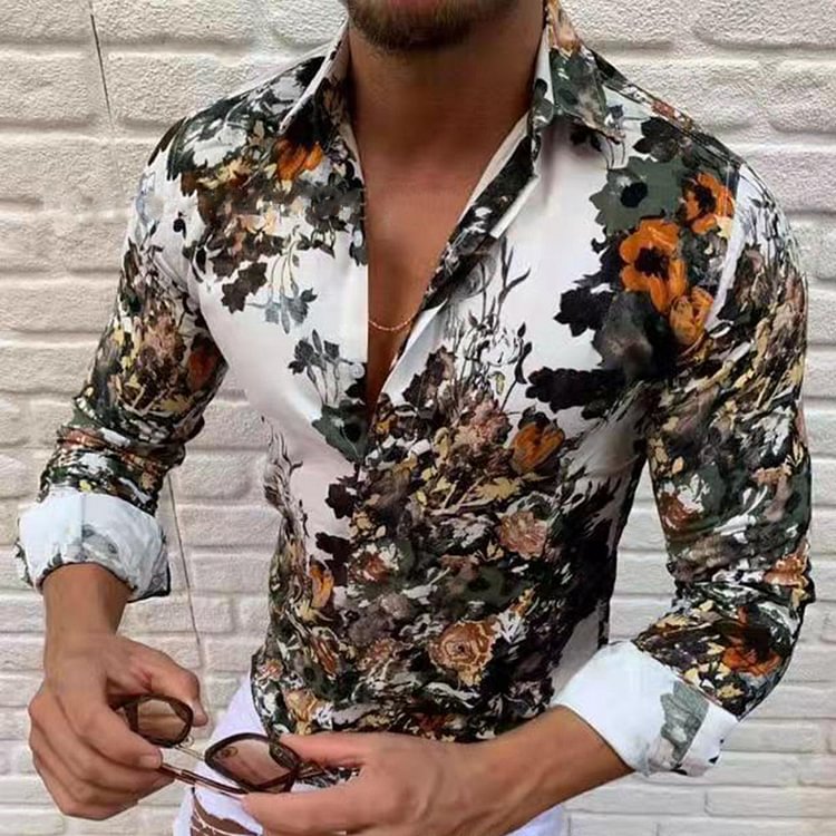 Lapel Print Casual Floral Single-Breasted Men's Shirt