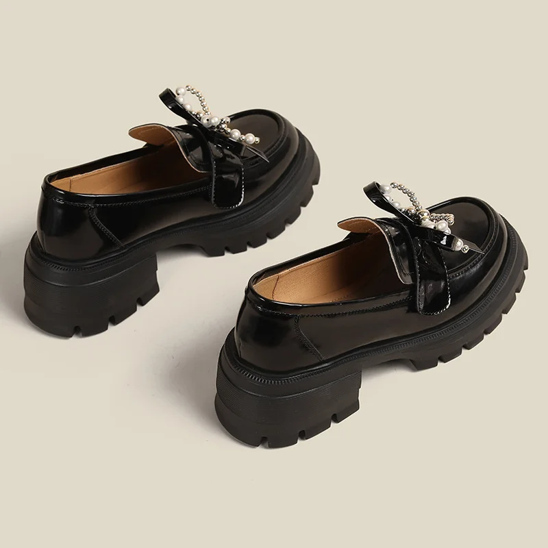 Uveng Uveng Loafers Women Spring And Autumn Skirt A Foot Pedal British Style Small Leather Shoes Bow Casual Single Shoes