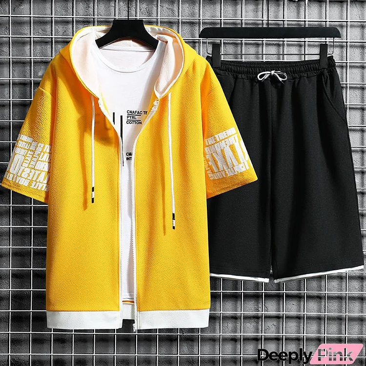 Men Casual Short Sleeve Hat Rope Letter Printed Zipper Hooded Coat And Drawstring Waist Shorts Two-piece Set