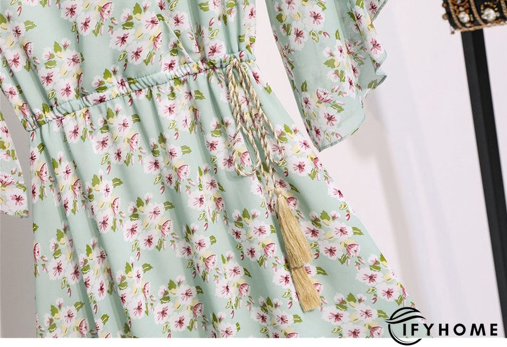 Spring Summer Chiffon Women V-Neck Floral Print Short Dresses Sweet Ruffle Sleeeve Slim Drawstring Ladies Dress | IFYHOME