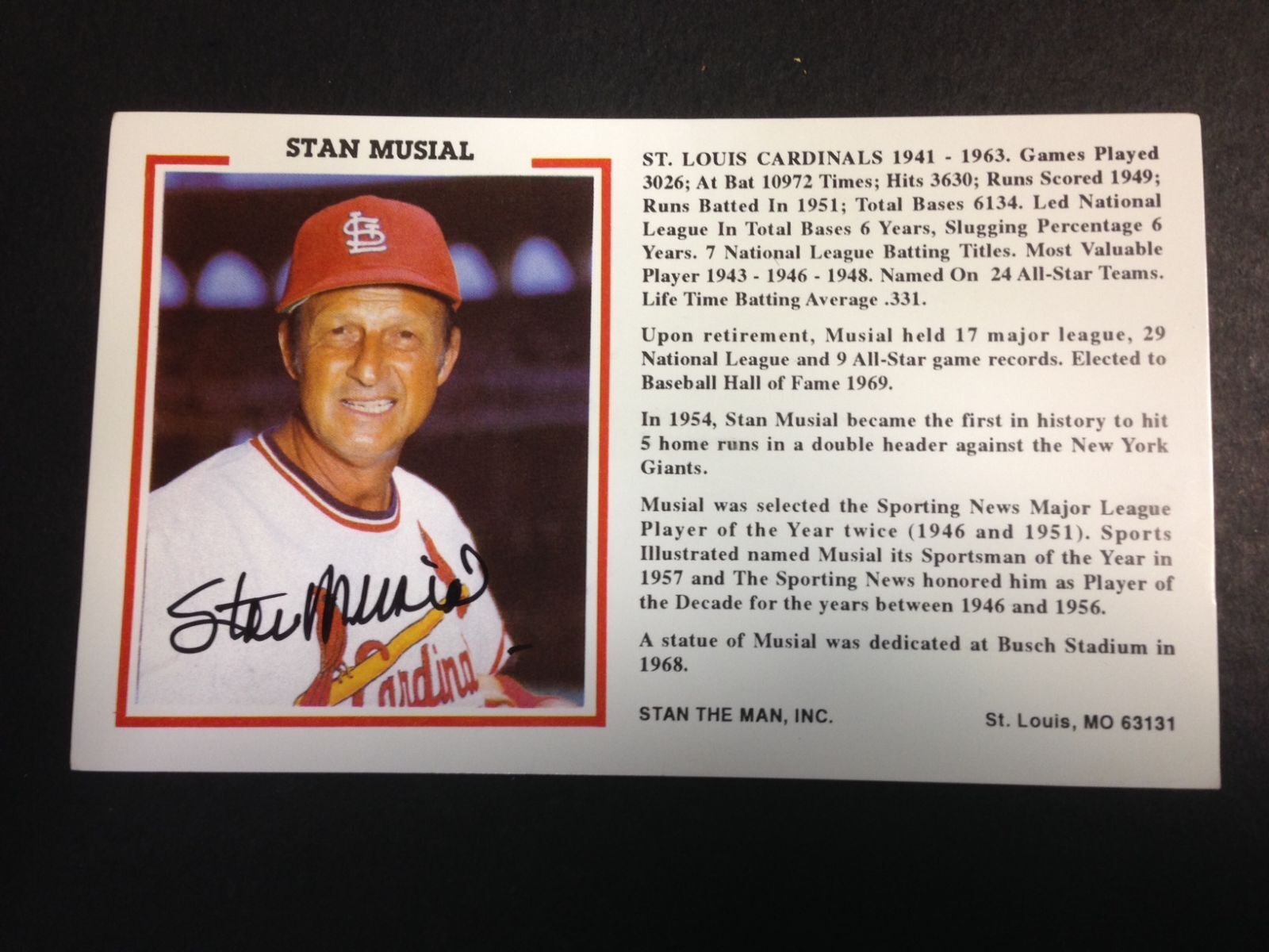 STAN MUSIAL Signed 4x6 Cardinals Postcard from Stan The Man