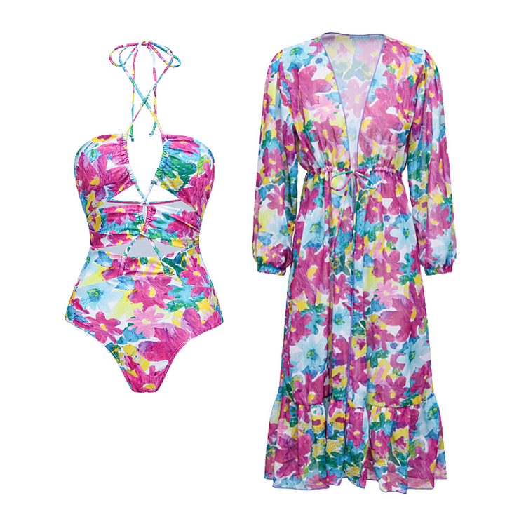 Flaxmaker Halter Straps Cutout Purple Floral Doodle One Piece Swimsuit and Cover Up