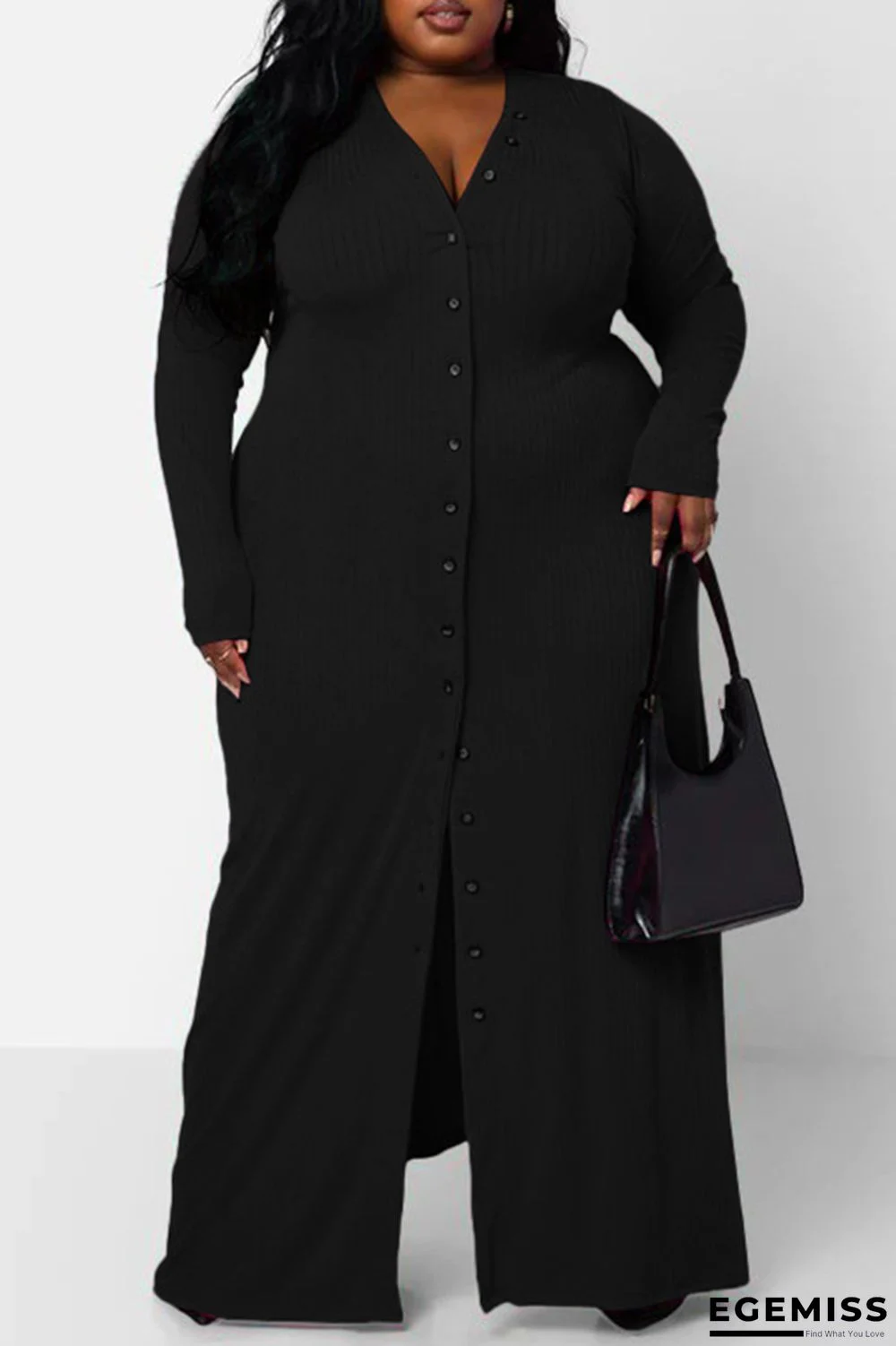 Black Casual Solid Patchwork V Neck Long Sleeve Plus Size Dresses | EGEMISS
